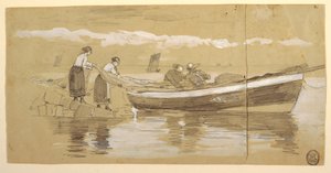Tekening, visser en vrouwen die netten opbergen in een gestrande dory, Cullercoats, Engeland door Winslow Homer